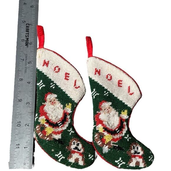 Vintage Mini Needlepoint Petite Point Christmas Stockings Set Of Santa Dog READ - Picture 1 of 4